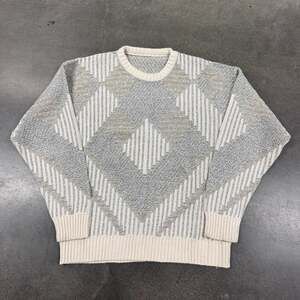 Vintage Cream Grey Textured Knit Sweater Abstract Pattern Grandpa Sweater Mens L